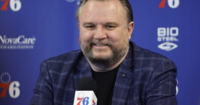 CAMDEN, NEW JERSEY - FEBRUARY 15: President of basketball operations Daryl Morey looks on during a press conference at the Seventy Sixers Practice Facility on February 15, 2022 in Camden, New Jersey.