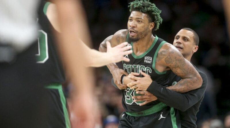 FILE–Marcus Smart #36 of the Boston Celtics is restrained by head coach Joe Mazzulla of the Boston Celtics after being ejected during the third quarter against the Oklahoma City Thunder at Paycom Center on January 03, 2023 in Oklahoma City, Oklahoma.