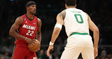 Jimmy Butler #22 of the Miami Heat is defended by Jayson Tatum #0 of the Boston Celtics during the third quarter of game one of the Eastern Conference Finals at TD Garden on May 17, 2023 in Boston, Massachusetts.