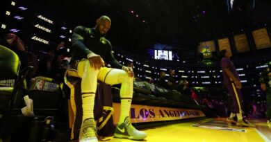 LeBron James #6 of the Los Angeles Lakers reacts prior to game four of the Western Conference Finals against the Denver Nuggets at Crypto.com Arena on May 22, 2023 in Los Angeles, California.