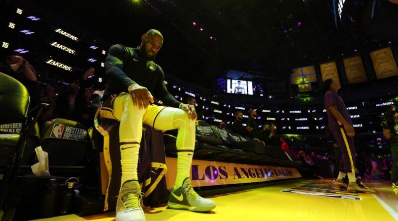 LeBron James #6 of the Los Angeles Lakers reacts prior to game four of the Western Conference Finals against the Denver Nuggets at Crypto.com Arena on May 22, 2023 in Los Angeles, California.