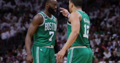 Jaylen Brown #7 and Grant Williams #12 of the Boston Celtics interact against the Miami Heat during the fourth quarter in game four of the Eastern Conference Finals at Kaseya Center on May 23, 2023 in Miami, Florida