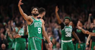 Derrick White #9 of the Boston Celtics reacts to a three point basket during the first quarter M in game five of the Eastern Conference Finals at TD Garden on May 25, 2023 in Boston, Massachusetts.