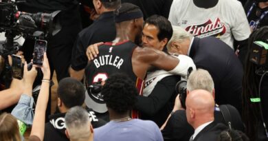 Jimmy Butler #22 of the Miami Heat hugs head coach Erik Spoelstra after defeating the Boston Celtics 103-84 in game seven of the Eastern Conference Finals at TD Garden on May 29, 2023 in Boston, Massachusetts.