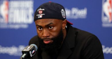 Jaylen Brown #7 of the Boston Celtics speaks during a press conference after the Miami Heat defeated the Boston Celtics 103-84 in game seven of the Eastern Conference Finals at TD Garden on May 29, 2023 in Boston, Massachusetts.