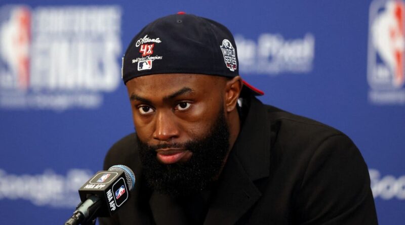 Jaylen Brown #7 of the Boston Celtics speaks during a press conference after the Miami Heat defeated the Boston Celtics 103-84 in game seven of the Eastern Conference Finals at TD Garden on May 29, 2023 in Boston, Massachusetts.