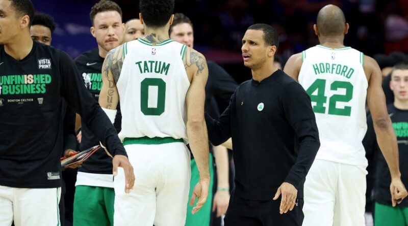 Head coach Joe Mazzulla of the Boston Celtics talks with Jayson Tatum #0 against the Philadelphia 76ers during the second quarter in game six of the Eastern Conference Semifinals in the 2023 NBA Playoffs at Wells Fargo Center on May 11, 2023 in Philadelphia, Pennsylvania.