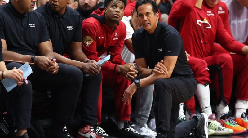 Head coach Erik Spoelstra of the Miami Heat looks on during the first half against the Denver Nuggets in Game Three of the 2023 NBA Finals at Kaseya Center on June 07, 2023 in Miami, Florida.