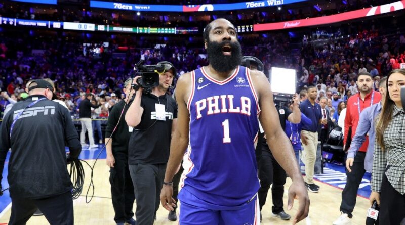 James Harden #1 of the Philadelphia 76ers celebrates after defeating the Boston Celtics in overtime of game four of the Eastern Conference Second Round Playoffs at Wells Fargo Center on May 07, 2023 in Philadelphia, Pennsylvania.