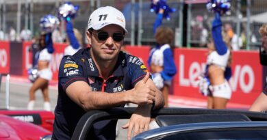 Red Bull driver Sergio Perez, of Mexico, waves during the Formula One U.S. Grand Prix auto race at Circuit of the Americas, Sunday, Oct. 22, 2023, in Austin, Texas.