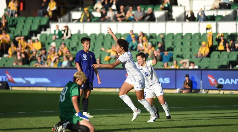 Sarina Bolden (center) celebrates her second goal against Chinese Taipei, which gave Team PH a 3-1 lead. The win gives the Filipinas the confidence heading into their clash with Australia. —CONTRIBUTED PHOTO