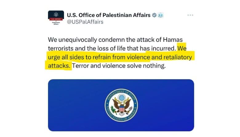 Biden Administration's Office of Palestinian Affairs Urges Israel NOT to Defend Itself and Retaliate Against the 5,000 Missile Attack and Deadly Raid into Southern Israel by Hamas | The Gateway Pundit | by Jim Hoft